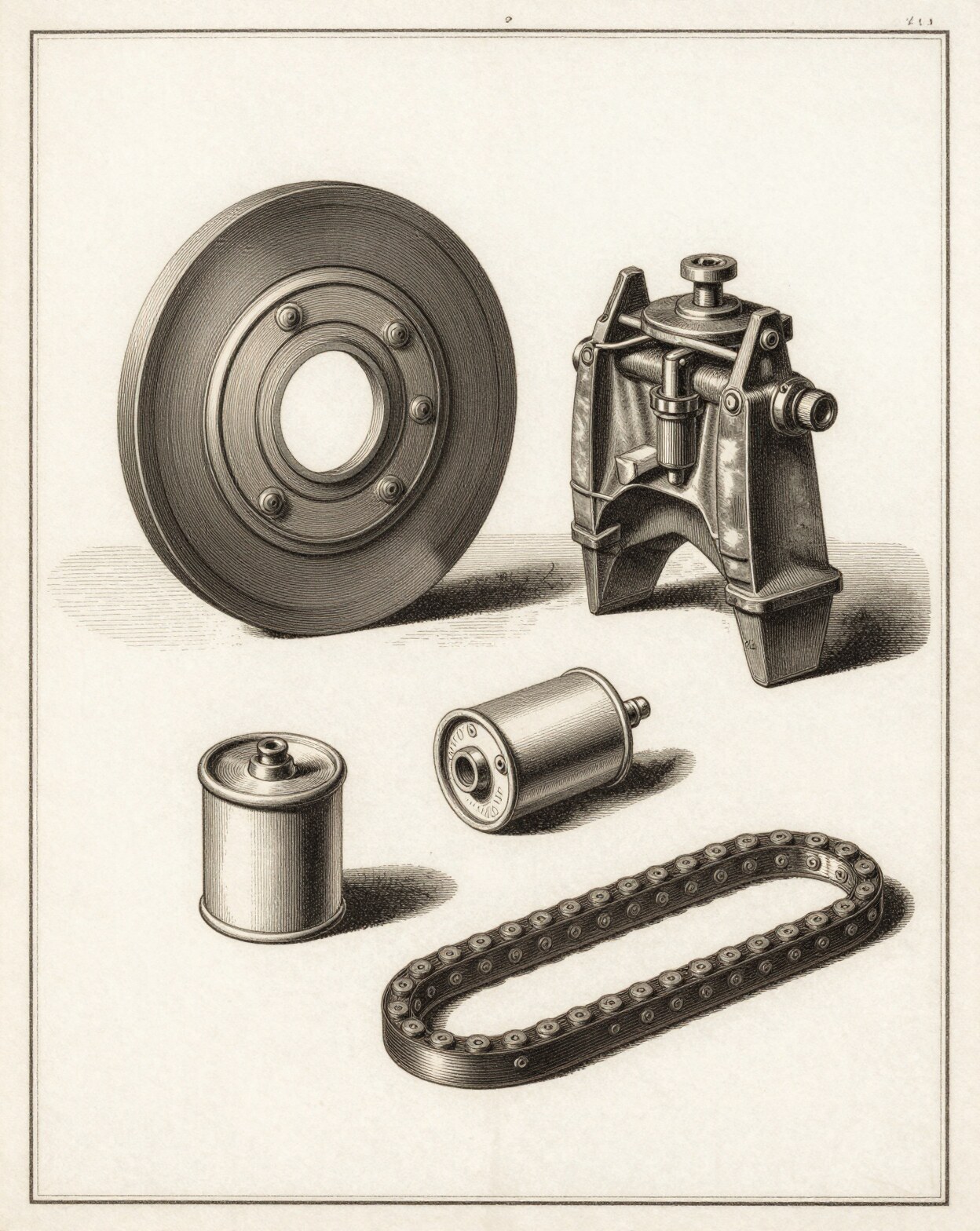 Engraved encyclopedia plate of automotive parts: brake disc, caliper, oil filters and timing chain